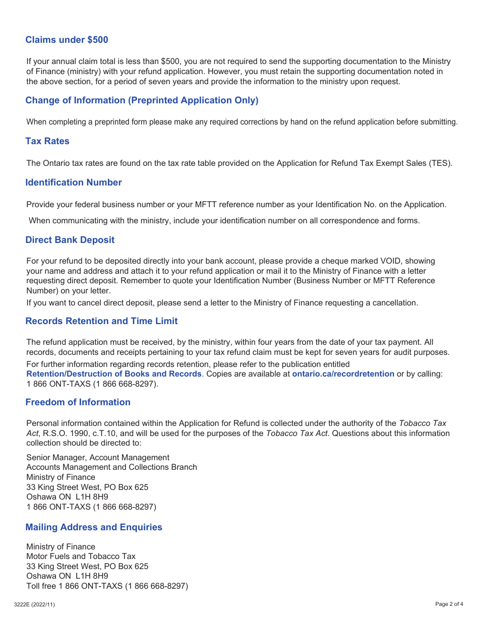 Form 3222E Guide for Completing the Application for Refund Summary and Schedule 9 Tes - Tax Exempt Sales - Export out of Ontario - Ontario, Canada, Page 2