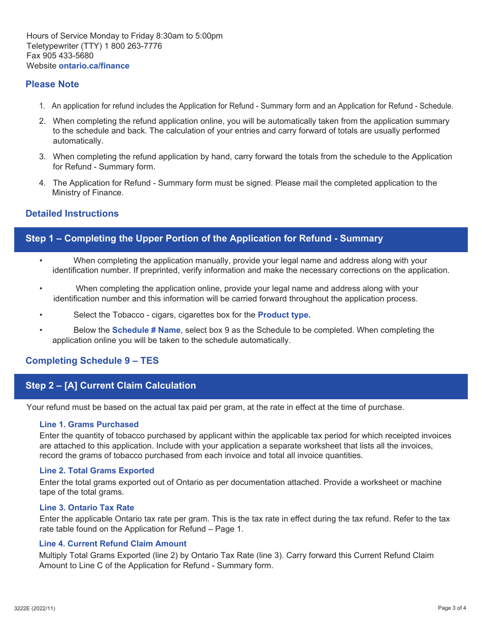 Form 3222E Guide for Completing the Application for Refund Summary and Schedule 9 Tes - Tax Exempt Sales - Export out of Ontario - Ontario, Canada, Page 3