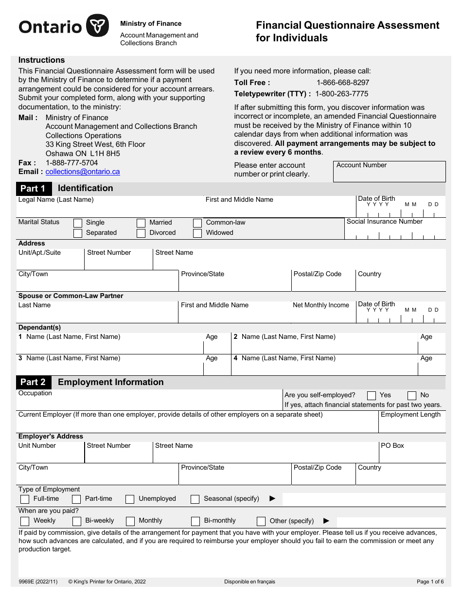 Form 9969E Financial Questionnaire Assessment for Individuals - Ontario, Canada, Page 1