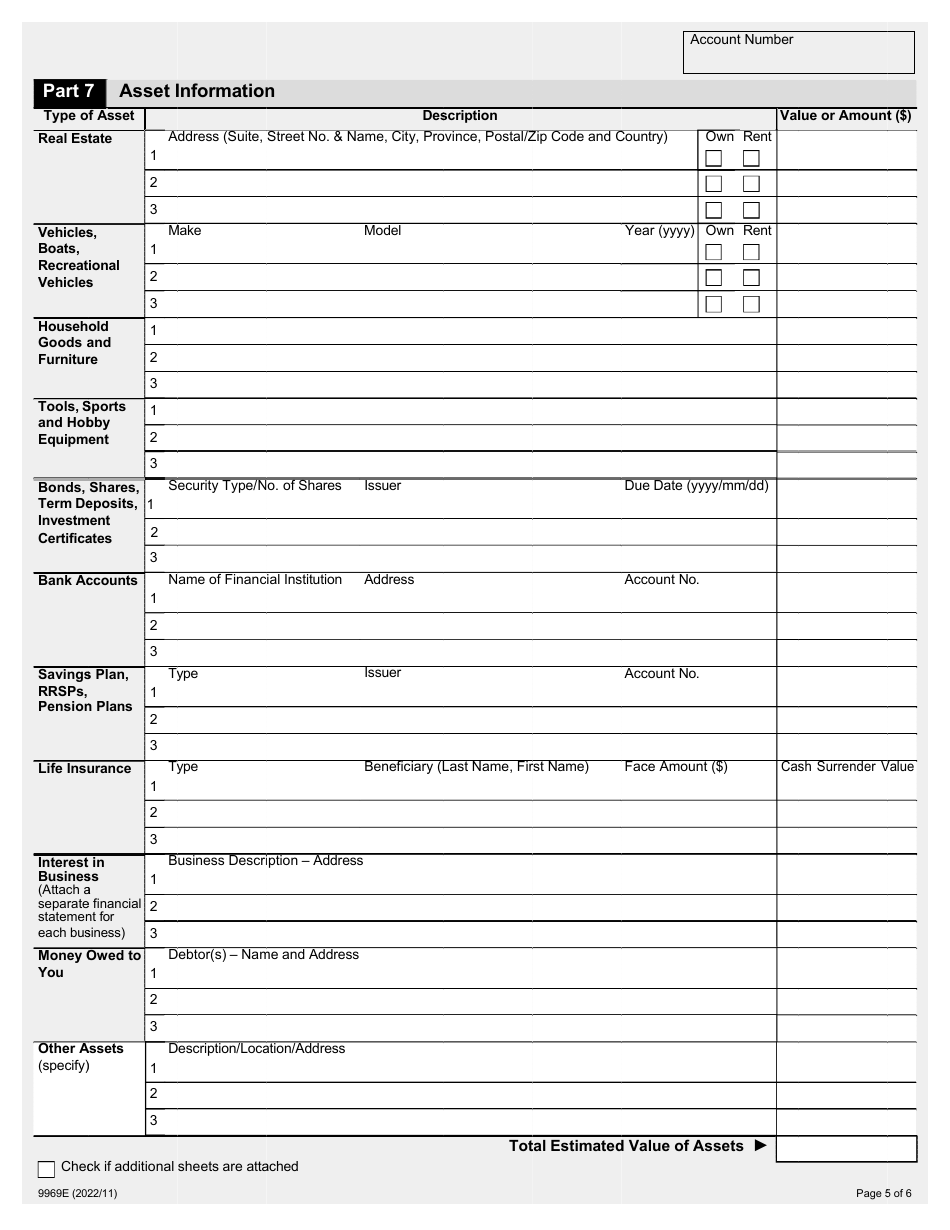 Form 9969E Financial Questionnaire Assessment for Individuals - Ontario, Canada, Page 5