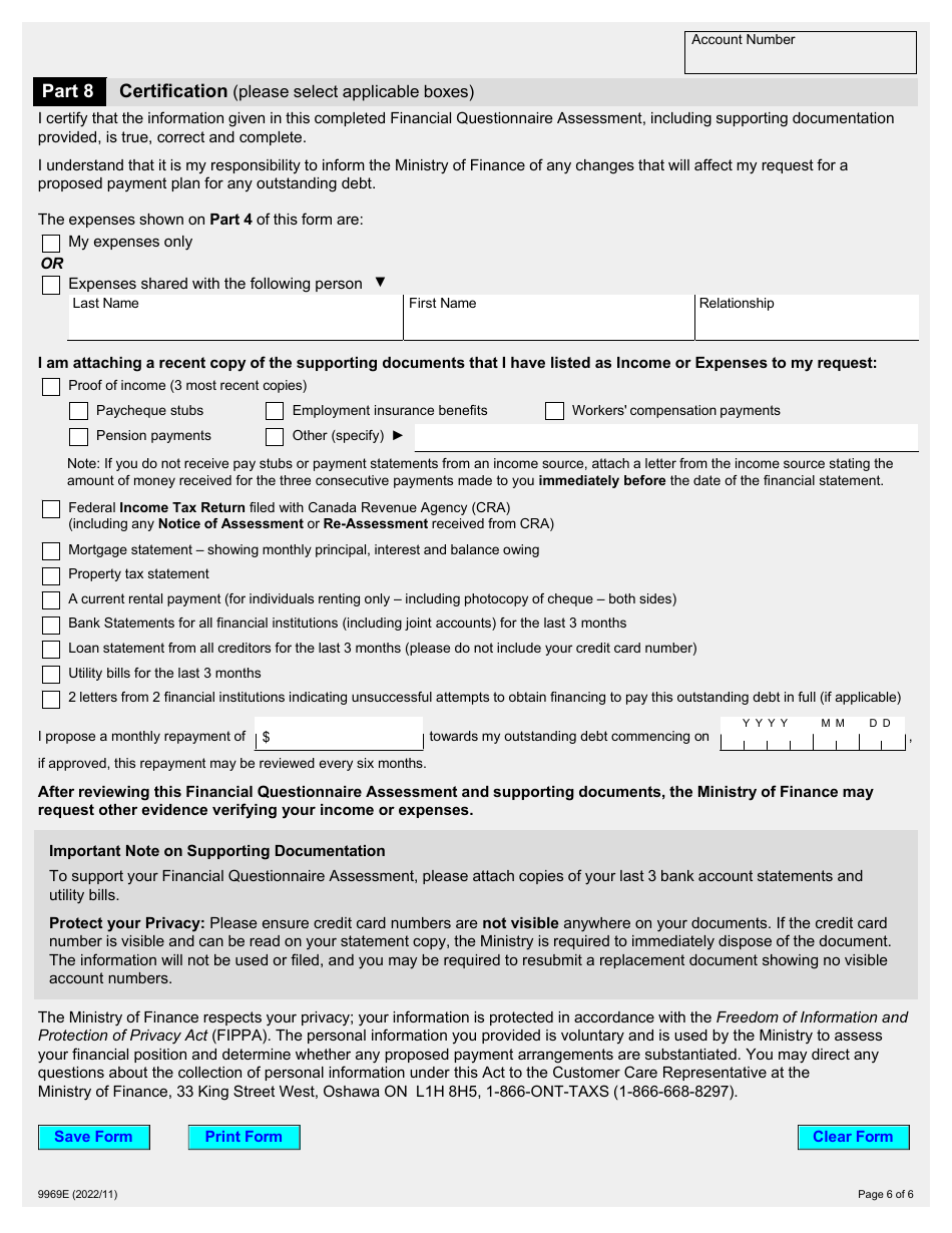 Form 9969E Financial Questionnaire Assessment for Individuals - Ontario, Canada, Page 6