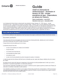 Forme 3223F Guide Relatif a La Demande De Remboursement - Sommaire Et Annexe 10 Tes - Ventes Exonerees De Taxe - Exportations En Dehors De L&#039;ontario - Ontario, Canada (French)