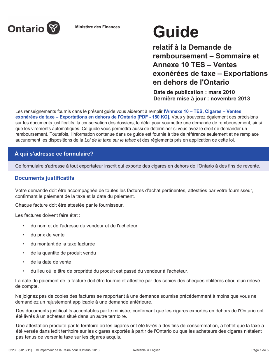 Forme 3223F Guide Relatif a La Demande De Remboursement - Sommaire Et Annexe 10 Tes - Ventes Exonerees De Taxe - Exportations En Dehors De Lontario - Ontario, Canada (French), Page 1