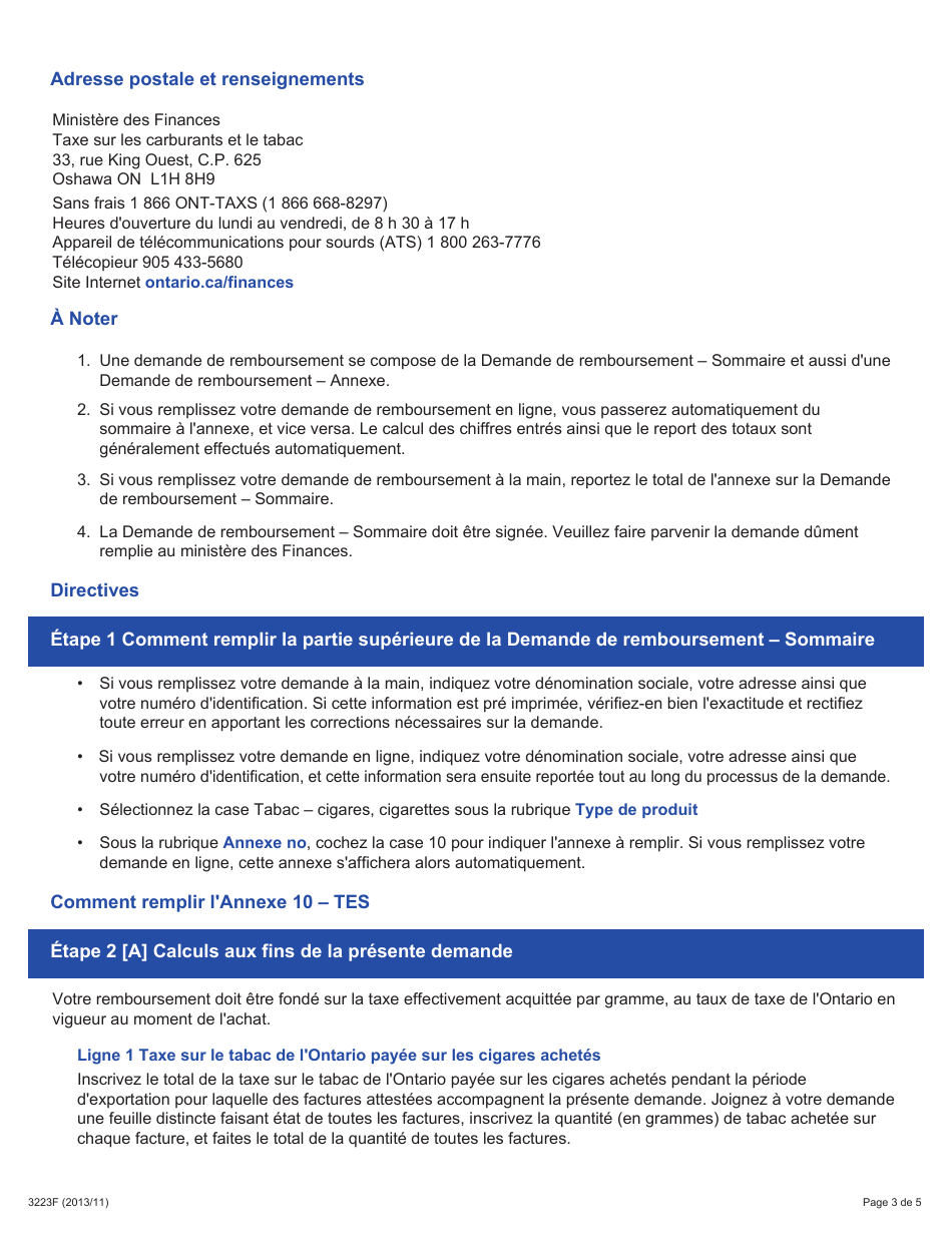 Forme 3223F Guide Relatif a La Demande De Remboursement - Sommaire Et Annexe 10 Tes - Ventes Exonerees De Taxe - Exportations En Dehors De Lontario - Ontario, Canada (French), Page 3