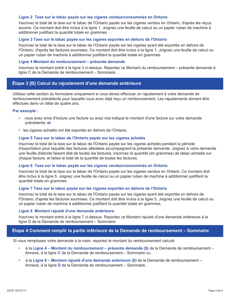Forme 3223F Guide Relatif a La Demande De Remboursement - Sommaire Et Annexe 10 Tes - Ventes Exonerees De Taxe - Exportations En Dehors De Lontario - Ontario, Canada (French), Page 4