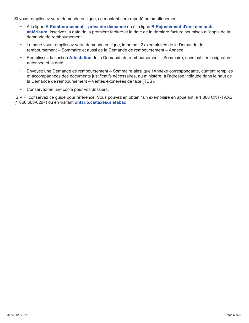 Forme 3223F Guide Relatif a La Demande De Remboursement - Sommaire Et Annexe 10 Tes - Ventes Exonerees De Taxe - Exportations En Dehors De Lontario - Ontario, Canada (French), Page 5