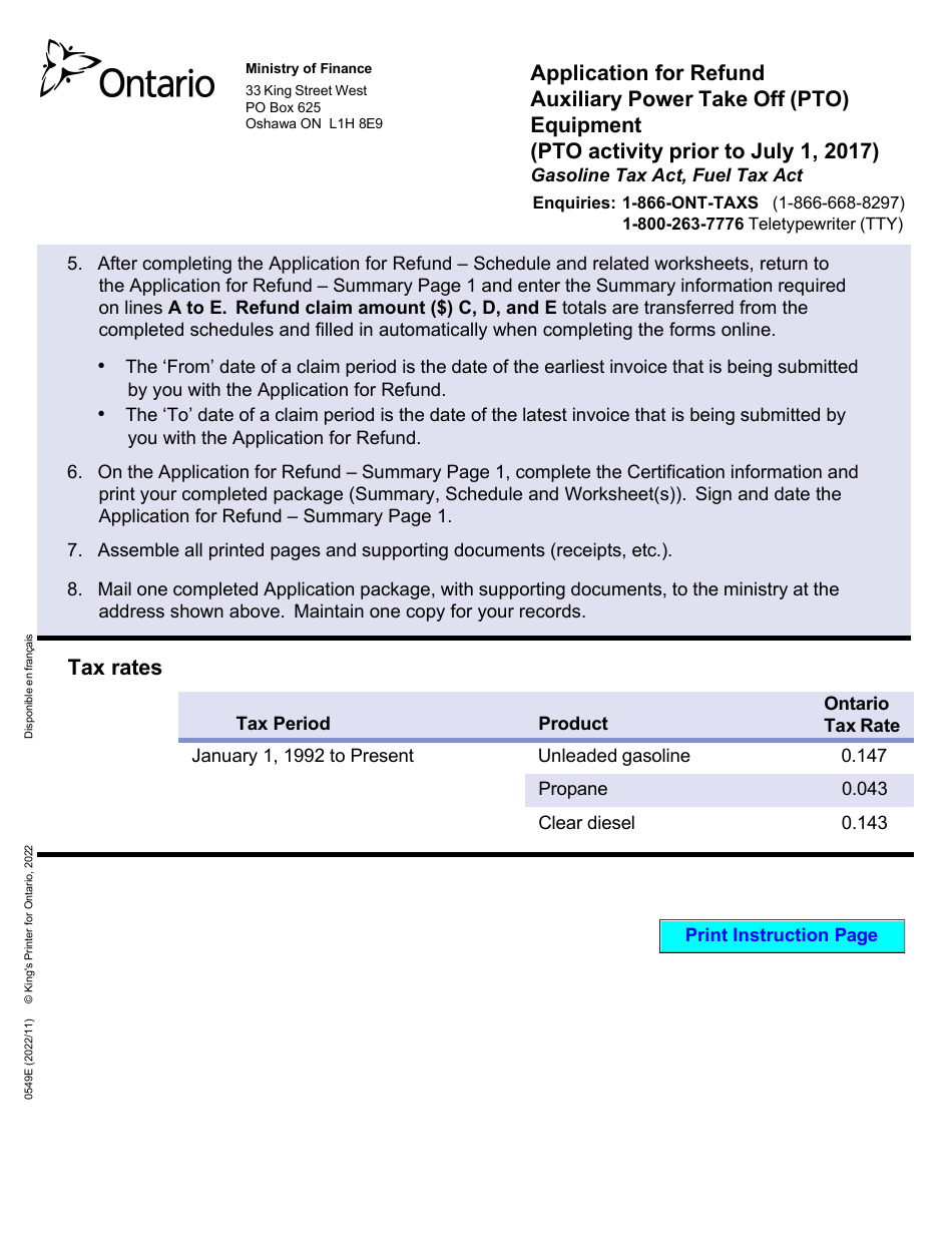 Form 0549E Application for Refund Auxiliary Power Take off (Pto) Equipment (Pto Activity Prior to July 1, 2017) - Ontario, Canada, Page 2
