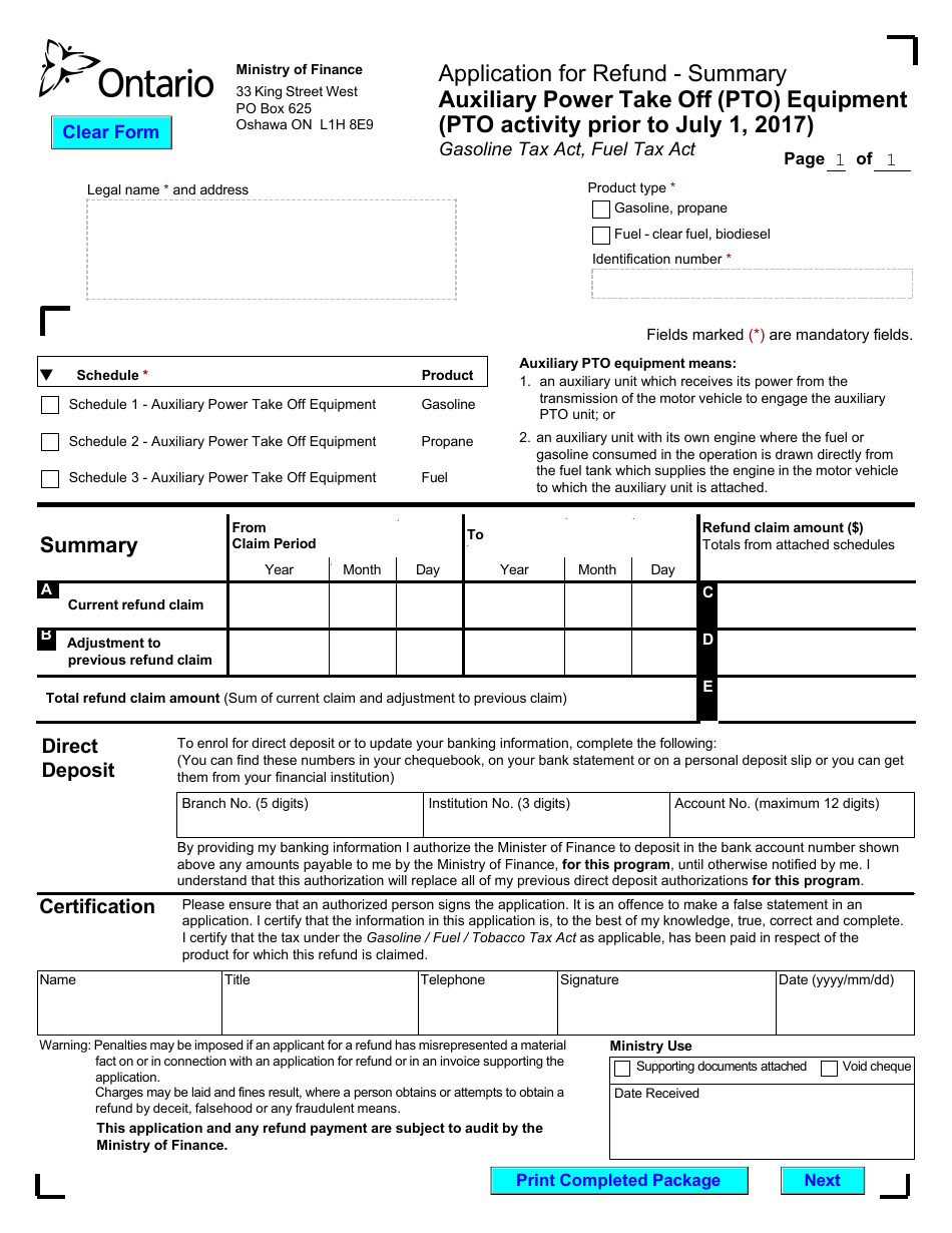 Form 0549E Application for Refund Auxiliary Power Take off (Pto) Equipment (Pto Activity Prior to July 1, 2017) - Ontario, Canada, Page 3