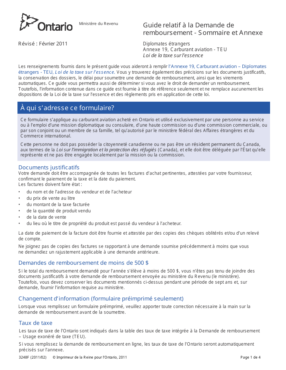 Forme 3248F Guide Relatif a La Demande De Remboursement - Sommaire Et Annexe - Diplomates Etrangers Annexe 19, Carburant Aviation - Teu - Ontario, Canada (French), Page 1