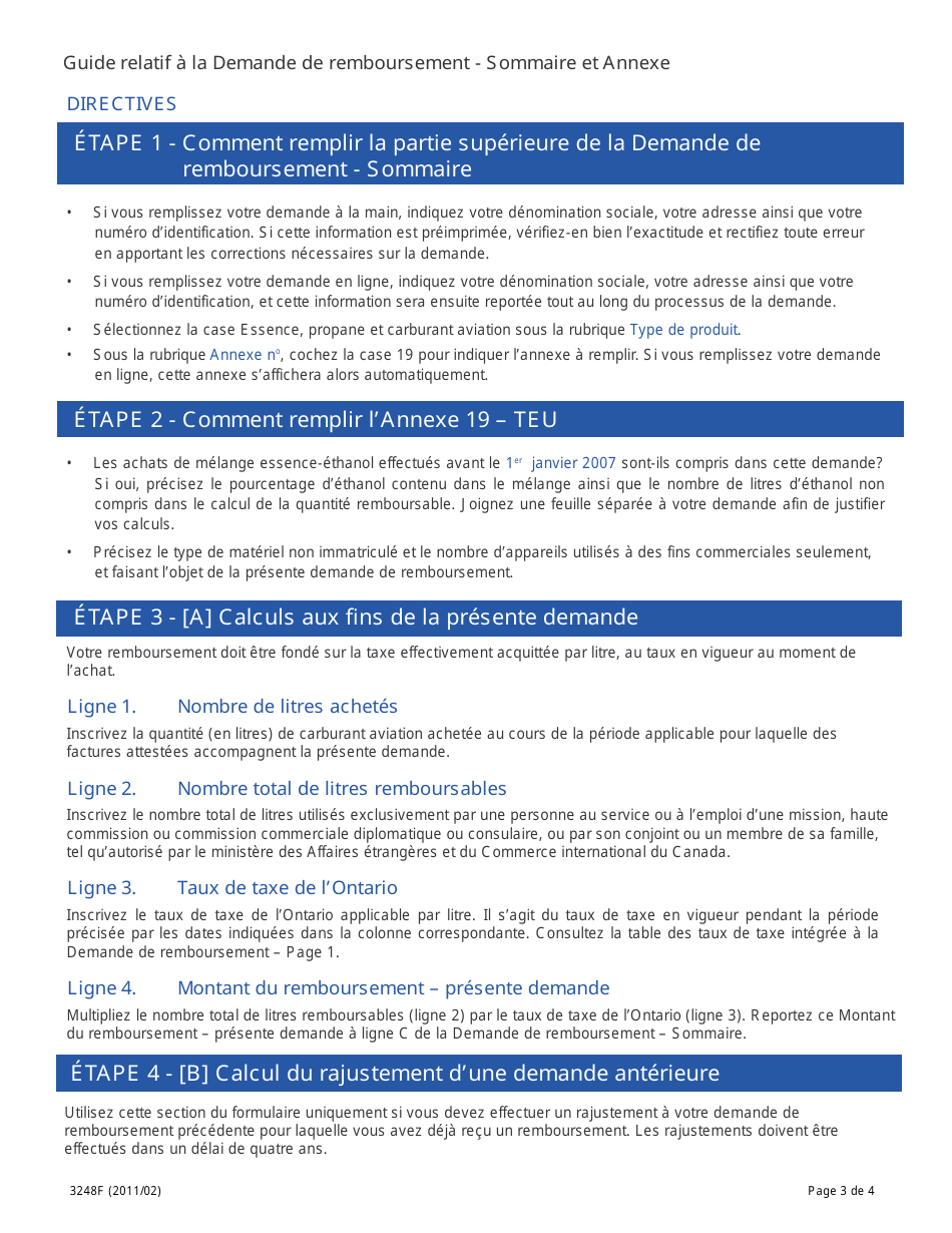Forme 3248F Guide Relatif a La Demande De Remboursement - Sommaire Et Annexe - Diplomates Etrangers Annexe 19, Carburant Aviation - Teu - Ontario, Canada (French), Page 3