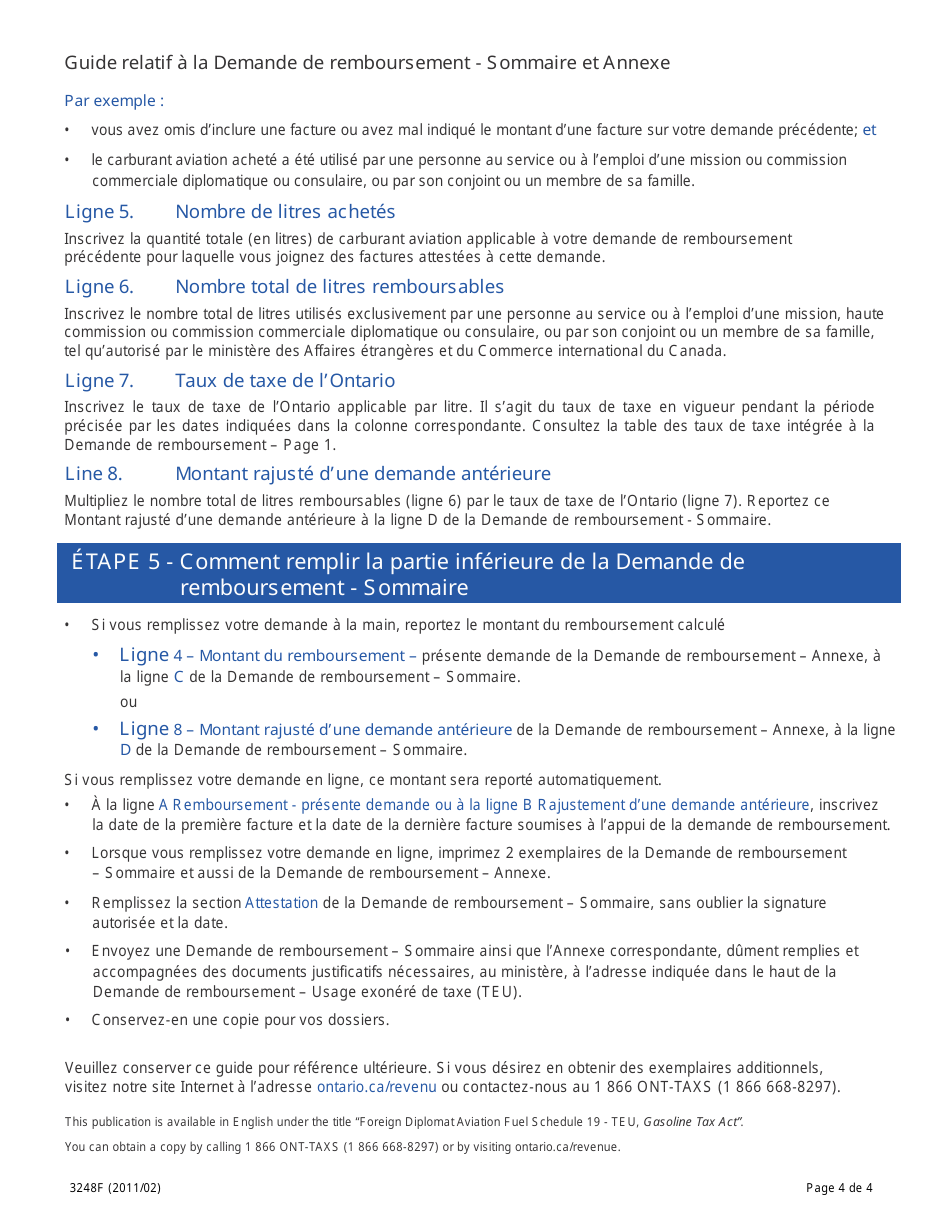 Forme 3248F Guide Relatif a La Demande De Remboursement - Sommaire Et Annexe - Diplomates Etrangers Annexe 19, Carburant Aviation - Teu - Ontario, Canada (French), Page 4