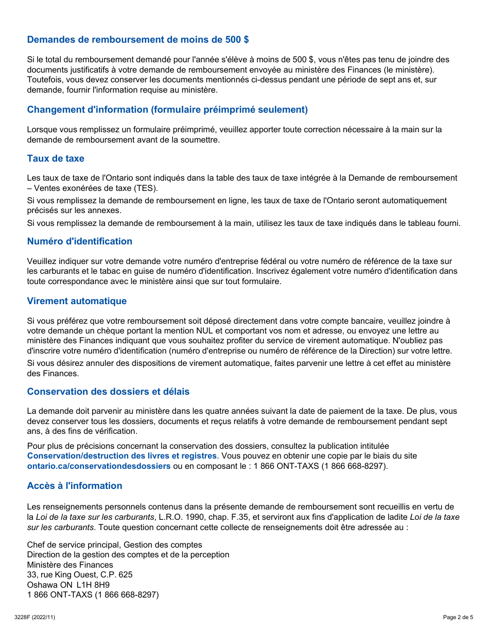 Forme 3228F Guide Relatif a La Demande De Remboursement - Sommaire Et Annexe 15 Tes - Ventes Exonerees De Taxe a DES Forces Armees Etrangeres Presentes Au Canada - Ontario, Canada (French), Page 2