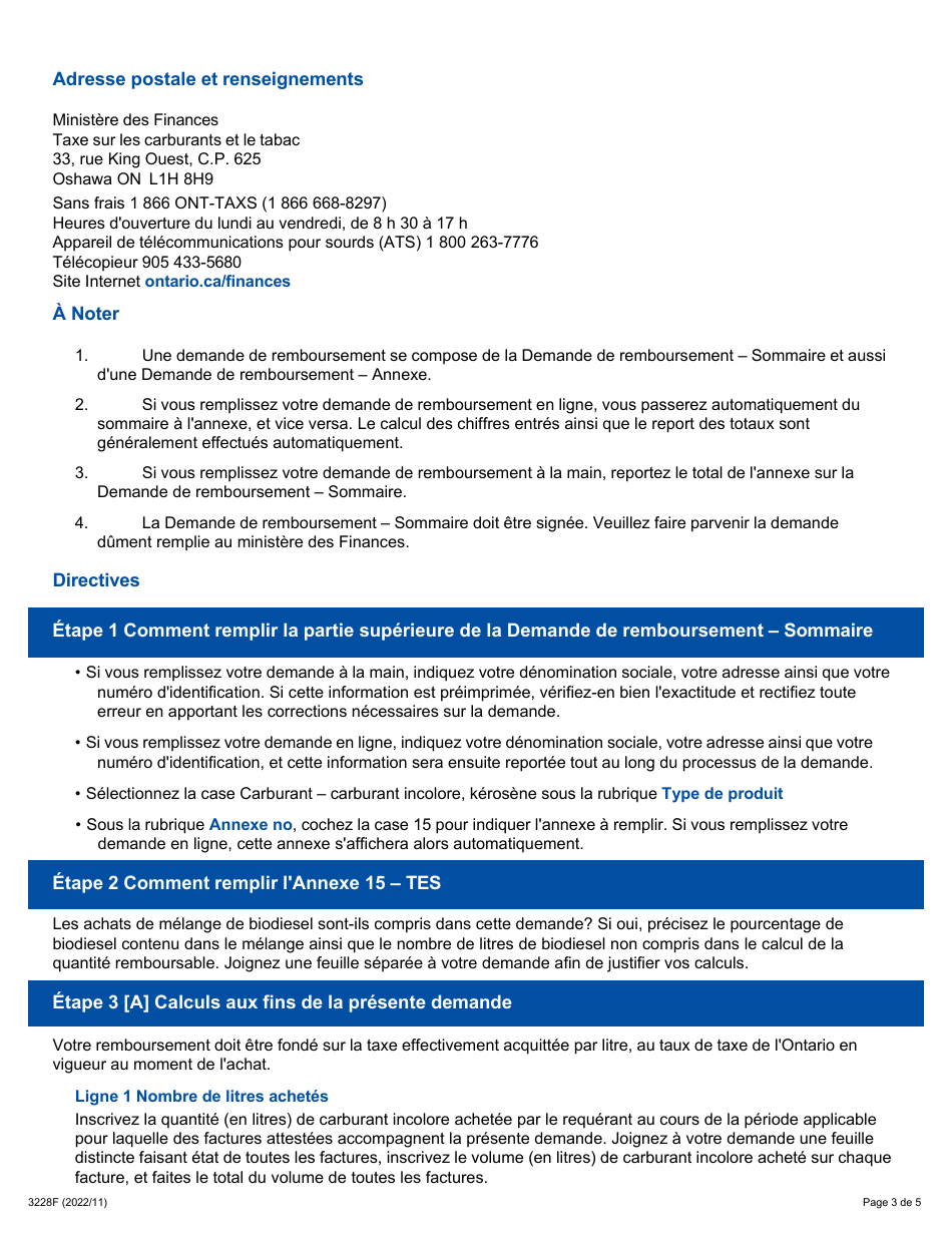 Forme 3228F Guide Relatif a La Demande De Remboursement - Sommaire Et Annexe 15 Tes - Ventes Exonerees De Taxe a DES Forces Armees Etrangeres Presentes Au Canada - Ontario, Canada (French), Page 3