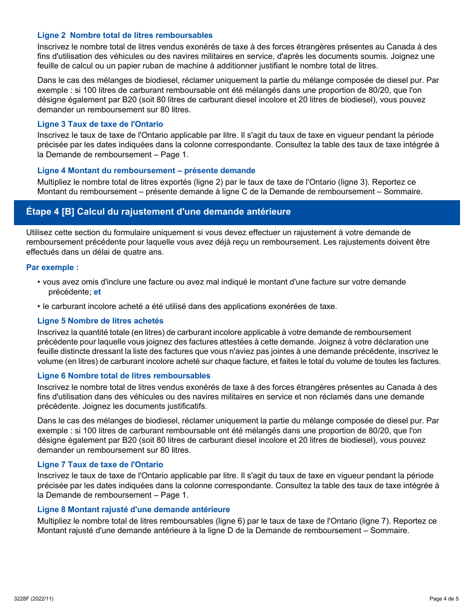 Forme 3228F Guide Relatif a La Demande De Remboursement - Sommaire Et Annexe 15 Tes - Ventes Exonerees De Taxe a DES Forces Armees Etrangeres Presentes Au Canada - Ontario, Canada (French), Page 4