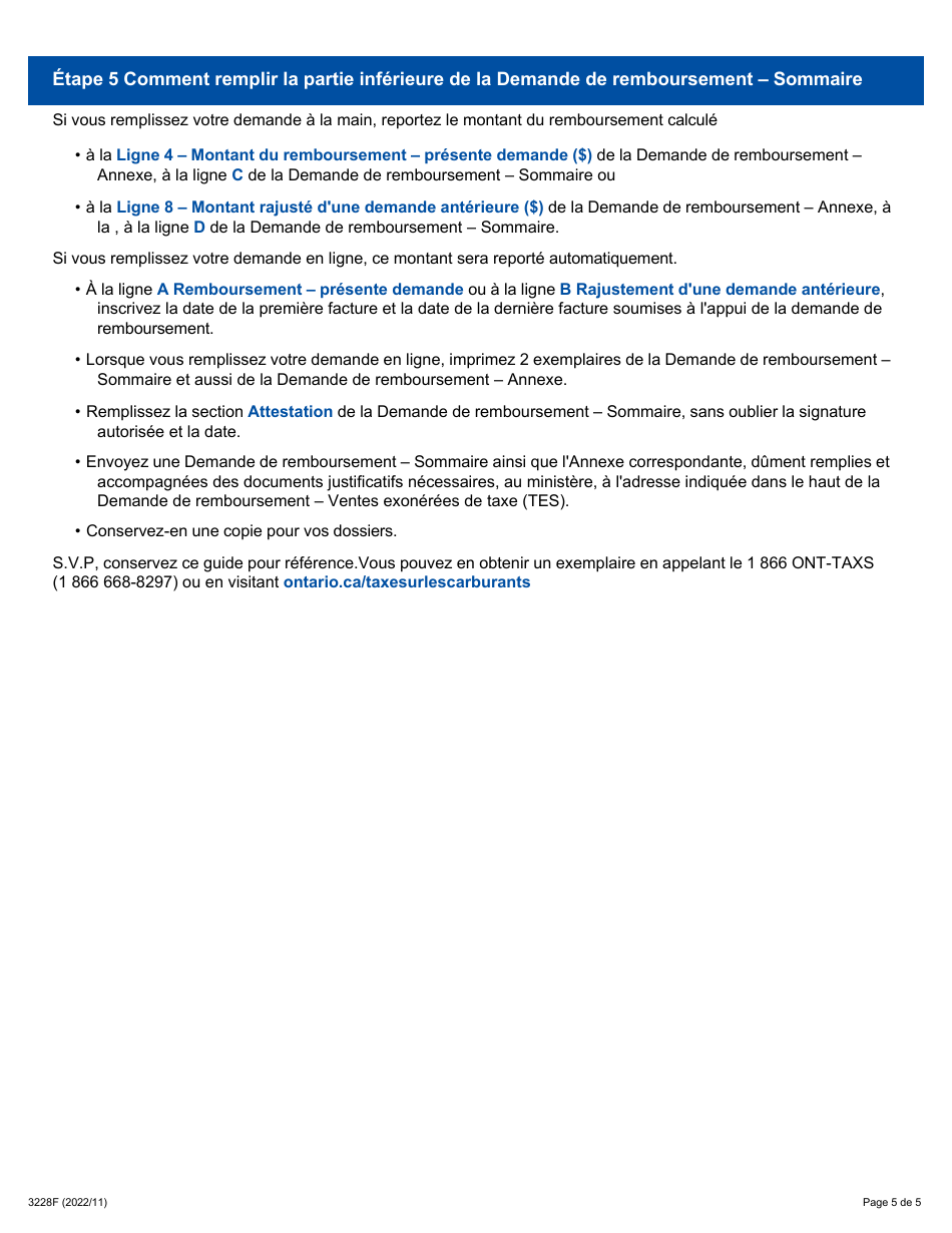 Forme 3228F Guide Relatif a La Demande De Remboursement - Sommaire Et Annexe 15 Tes - Ventes Exonerees De Taxe a DES Forces Armees Etrangeres Presentes Au Canada - Ontario, Canada (French), Page 5