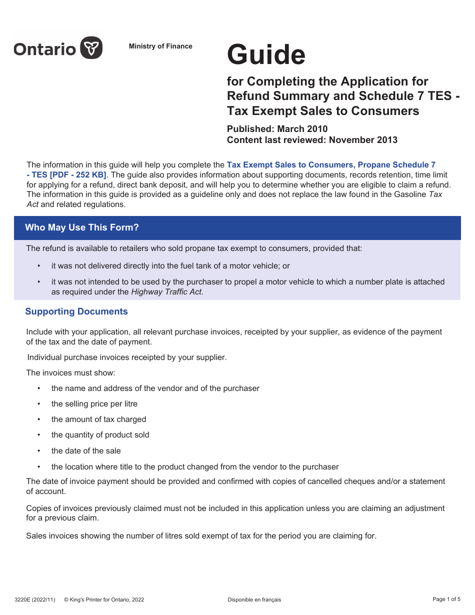 Form 3220E Guide for Completing the Application for Refund Summary and Schedule 7 Tes - Tax Exempt Sales to Consumers - Ontario, Canada, Page 1