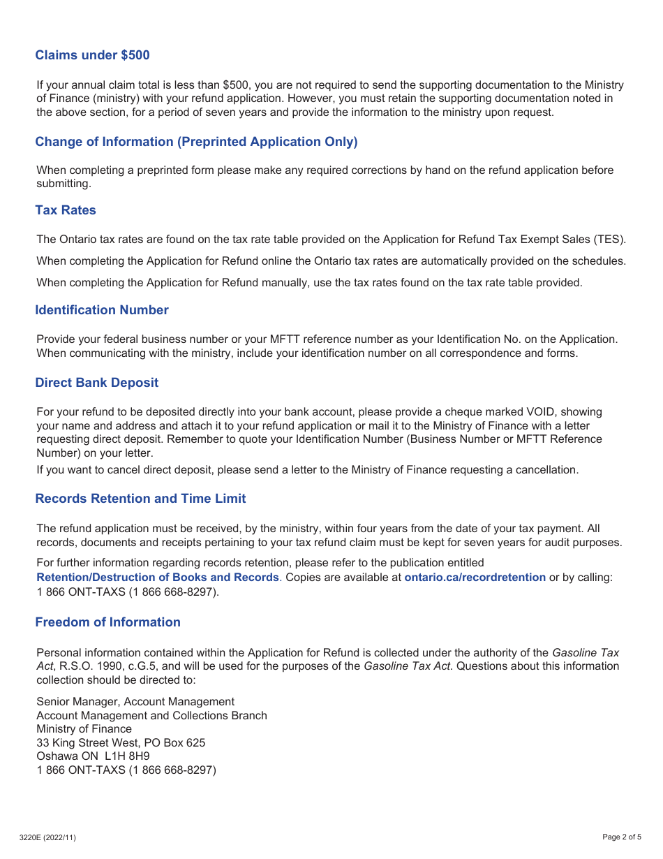 Form 3220E Guide for Completing the Application for Refund Summary and Schedule 7 Tes - Tax Exempt Sales to Consumers - Ontario, Canada, Page 2