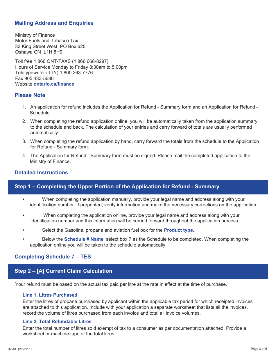 Form 3220E Guide for Completing the Application for Refund Summary and Schedule 7 Tes - Tax Exempt Sales to Consumers - Ontario, Canada, Page 3