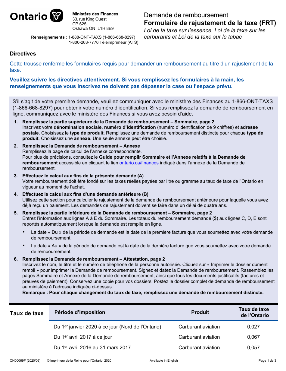 Form ON00069F Demande De Remboursement Formulaire De Rajustement De La Taxe (Frt) - Ontario, Canada, Page 1