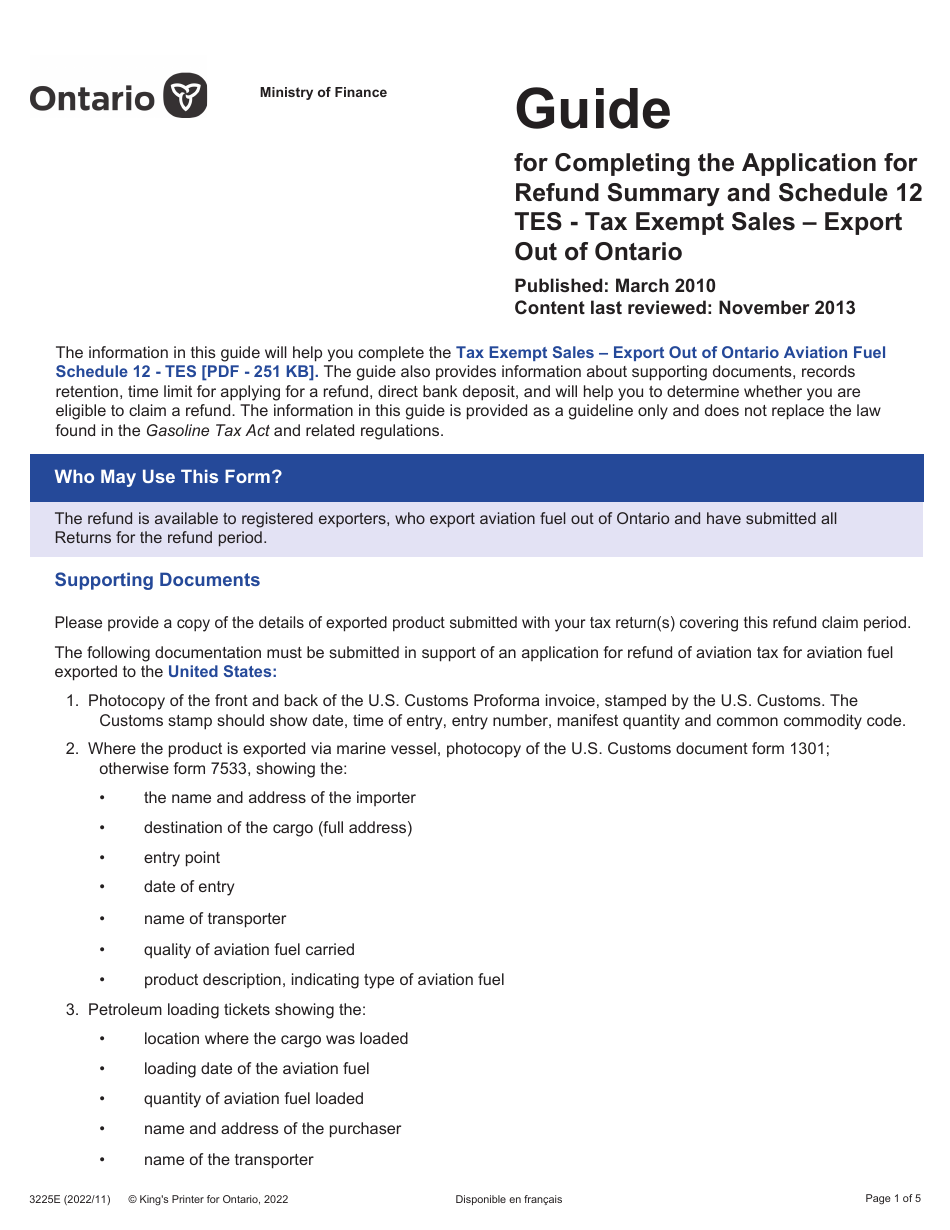 Form 3225E Guide for Completing the Application for Refund Summary and Schedule 12 Tes - Tax Exempt Sales - Export out of Ontario - Ontario, Canada, Page 1