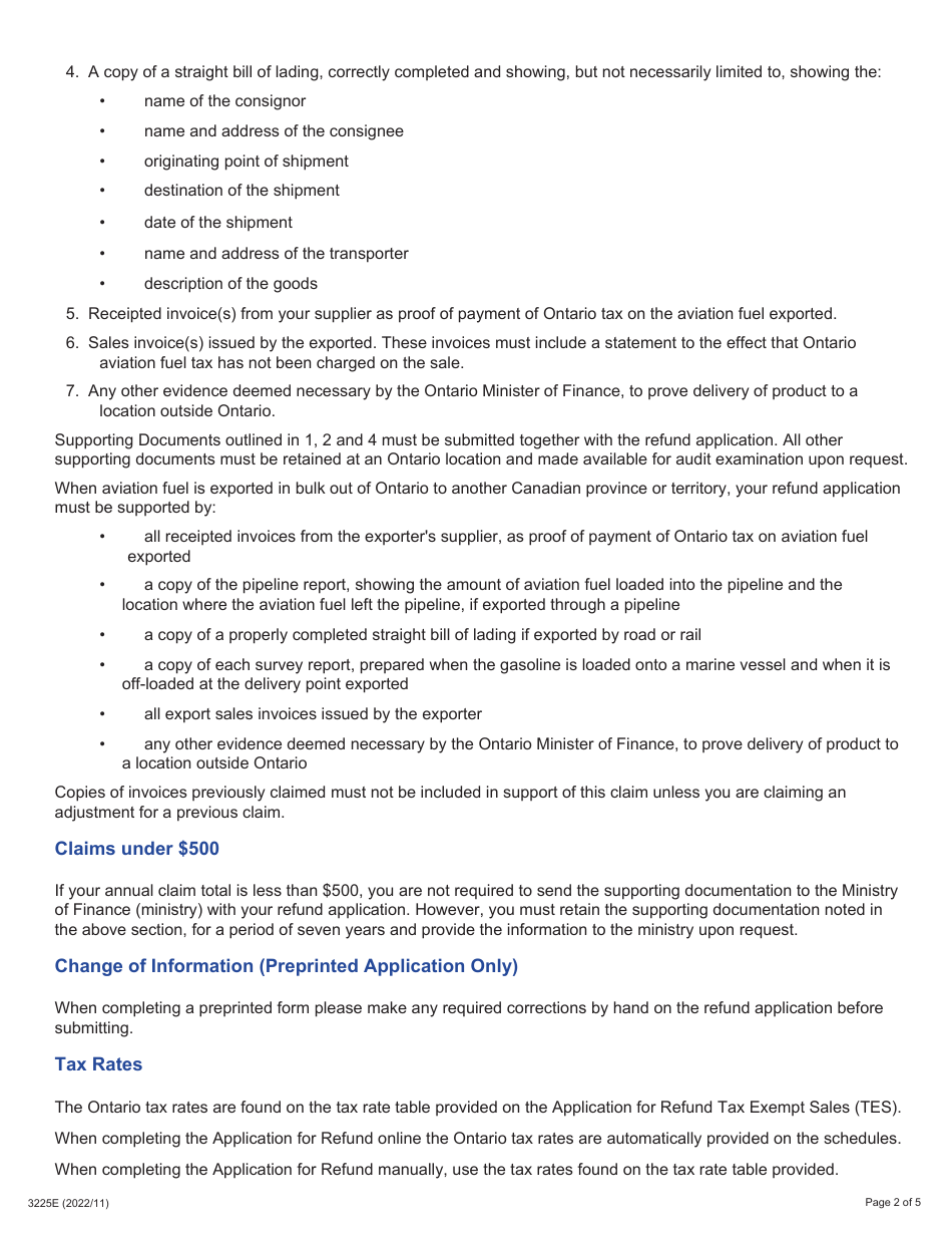 Form 3225E Guide for Completing the Application for Refund Summary and Schedule 12 Tes - Tax Exempt Sales - Export out of Ontario - Ontario, Canada, Page 2