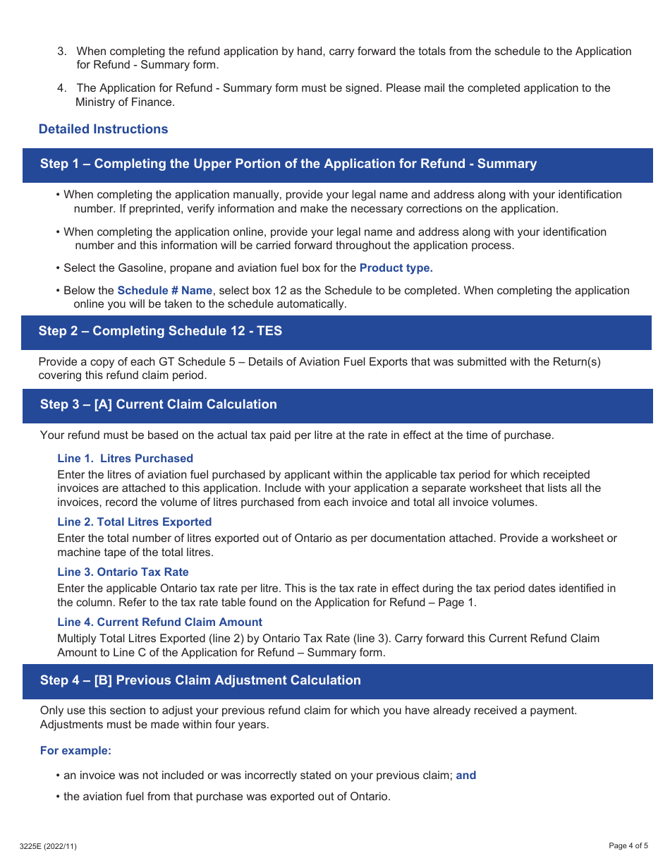 Form 3225E Guide for Completing the Application for Refund Summary and Schedule 12 Tes - Tax Exempt Sales - Export out of Ontario - Ontario, Canada, Page 4
