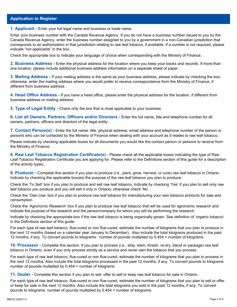 Form 9961E Guide - Completing the Application to Register Raw Leaf Tobacco - Ontario, Canada, Page 3