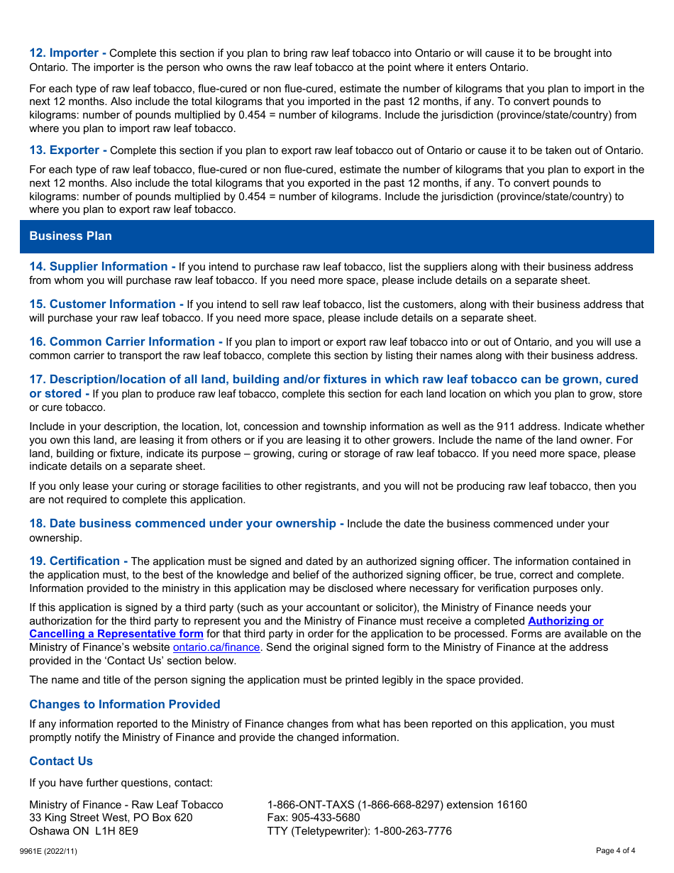 Form 9961E Guide - Completing the Application to Register Raw Leaf Tobacco - Ontario, Canada, Page 4