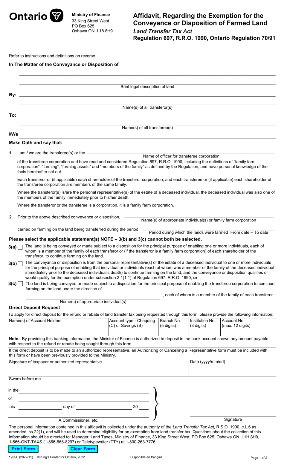 Form 1205E Fill Out, Sign Online and Download Fillable PDF, Ontario