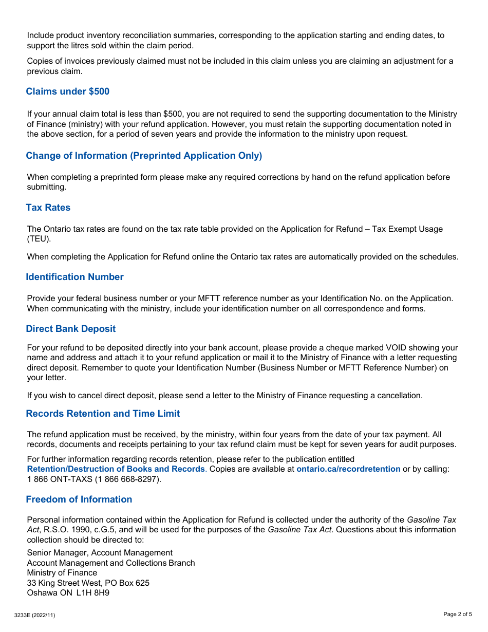 Form 3233E Guide for Completing the Application for Refund Summary and Schedule 4 Teu - Ambient Temperature Allowance - Ontario, Canada, Page 2