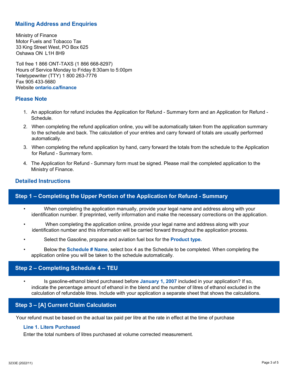 Form 3233E Guide for Completing the Application for Refund Summary and Schedule 4 Teu - Ambient Temperature Allowance - Ontario, Canada, Page 3