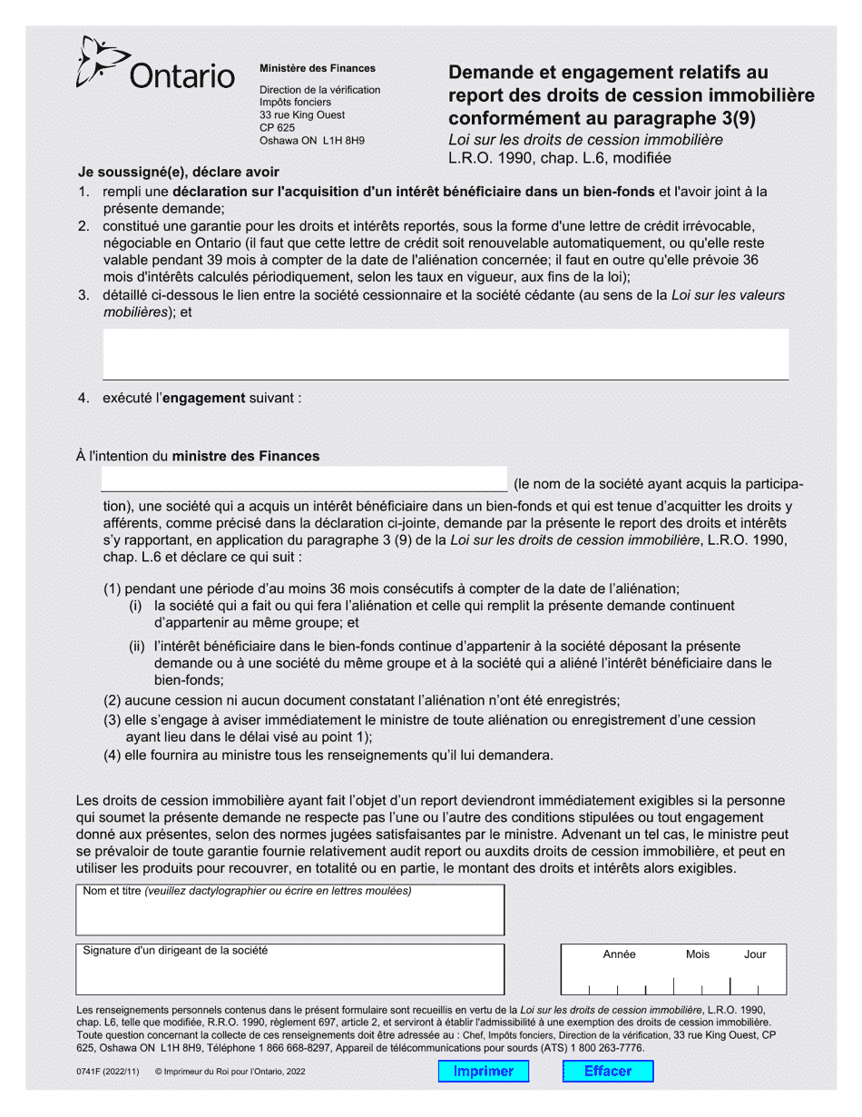 Forme 0741F Demande Et Engagement Relatifs Au Report DES Droits De Cession Immobiliere Conformement Au Paragraphe 3(9) - Ontario, Canada (French), Page 1