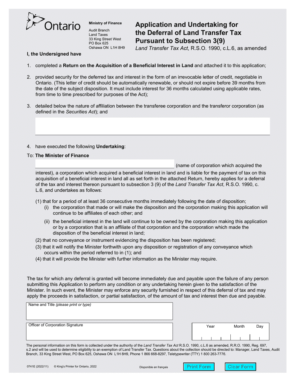 Form 0741E Fill Out, Sign Online and Download Fillable PDF, Ontario