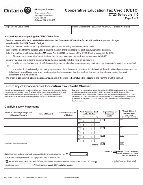 Form CT23 (2494A) Schedule 113 Cooperative Education Tax Credit (Cetc) - Ontario, Canada