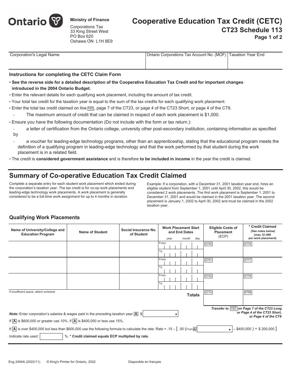 Form CT23 (2494A) Schedule 113 Cooperative Education Tax Credit (Cetc) - Ontario, Canada, Page 1