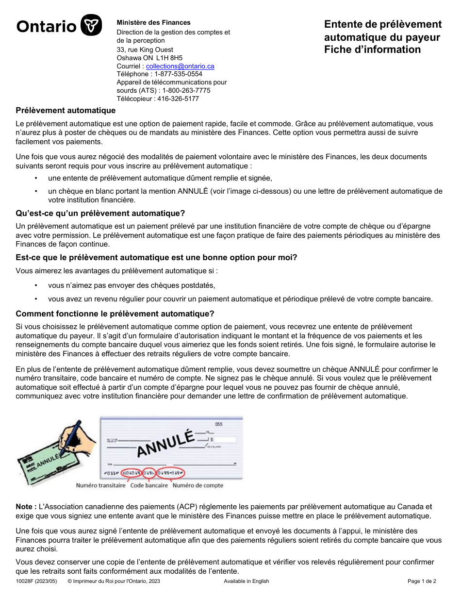 Forme 10028E Pre-authorized Debit (Pad) Payor Agreement - Ontario, Canada (French), Page 1