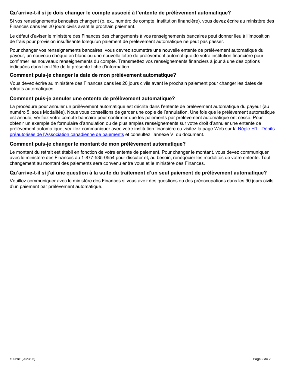 Forme 10028E Pre-authorized Debit (Pad) Payor Agreement - Ontario, Canada (French), Page 2