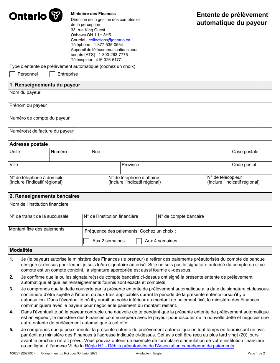 Forme 10028E Pre-authorized Debit (Pad) Payor Agreement - Ontario, Canada (French), Page 3