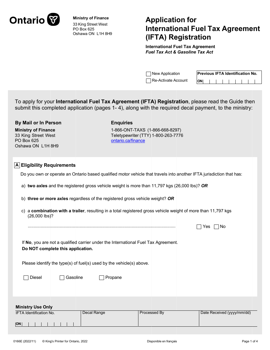 Form 0166E Application for International Fuel Tax Agreement (Ifta) Registration - Ontario, Canada, Page 1