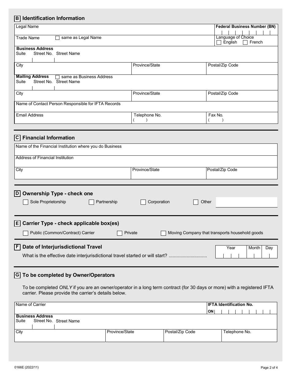 Form 0166E Application for International Fuel Tax Agreement (Ifta) Registration - Ontario, Canada, Page 2