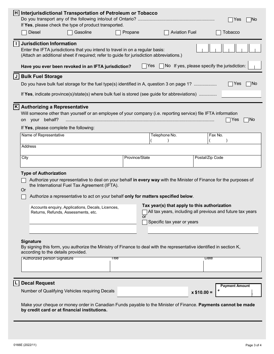 Form 0166E Application for International Fuel Tax Agreement (Ifta) Registration - Ontario, Canada, Page 3