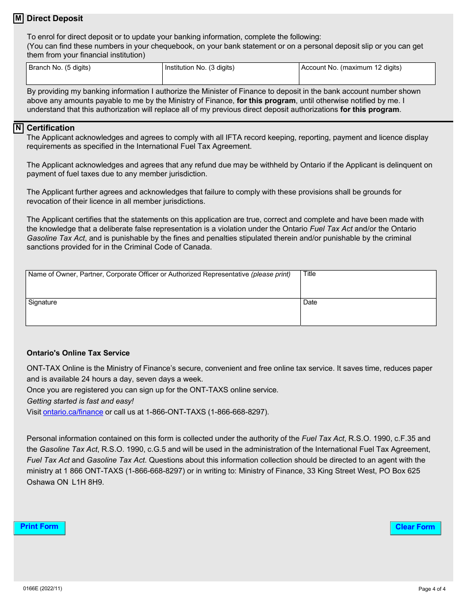 Form 0166E Application for International Fuel Tax Agreement (Ifta) Registration - Ontario, Canada, Page 4