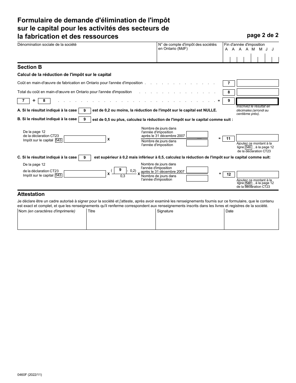Forme 0460F Formulaire De Demande Delimination De Limpot Sur Le Capital Pour Les Activites DES Secteurs De La Fabrication Et DES Ressources - Ontario, Canada (French), Page 2