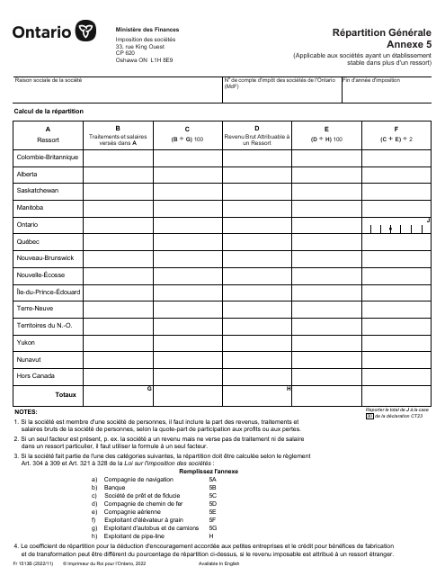 Forme 1513B Agenda 5 Repartition Generale - Ontario, Canada (French)