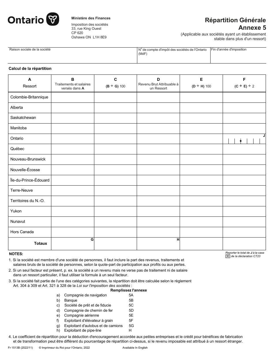 Forme 1513B Agenda 5 Repartition Generale - Ontario, Canada (French), Page 1