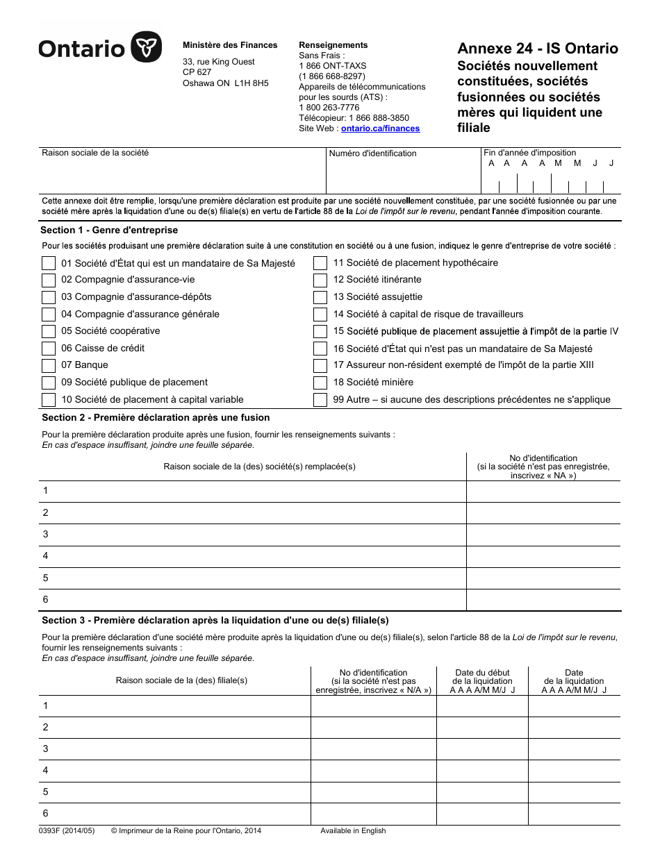 Forme 0393F Agenda 24 Societes Nouvellement Constituees, Societes Fusionnees Ou Societes Meres Qui Liquident Une Filiale - Ontario, Canada (French), Page 1