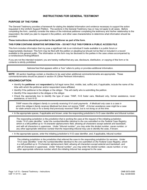 Instructions for Form CSF11 0111 General Testimony - Oregon