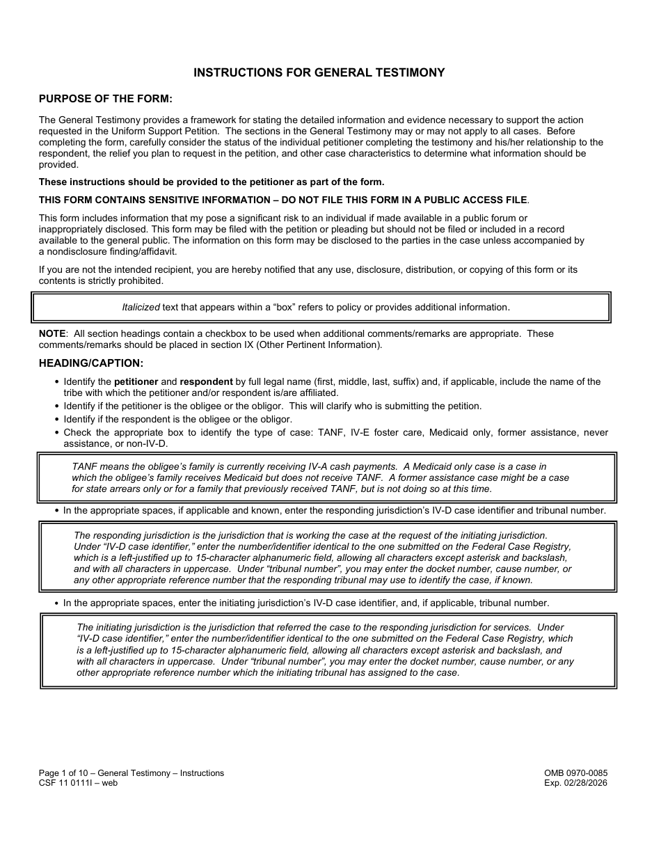 Instructions for Form CSF11 0111 General Testimony - Oregon, Page 1