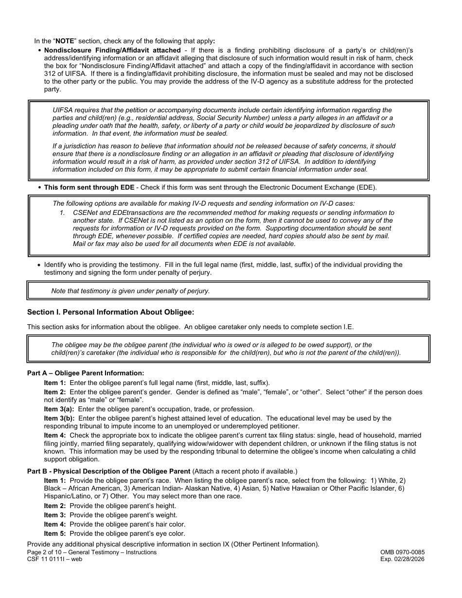 Instructions for Form CSF11 0111 General Testimony - Oregon, Page 2