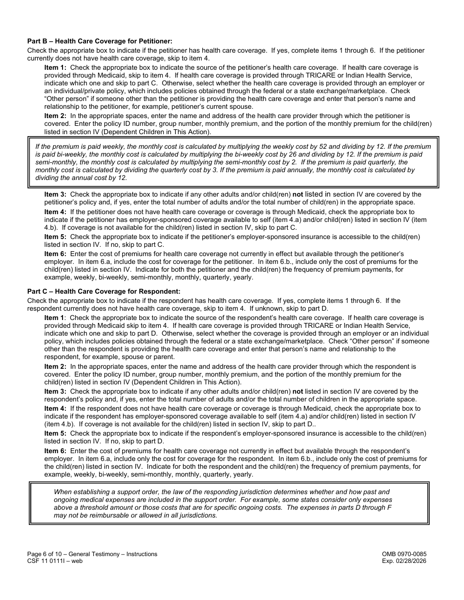 Instructions for Form CSF11 0111 General Testimony - Oregon, Page 6